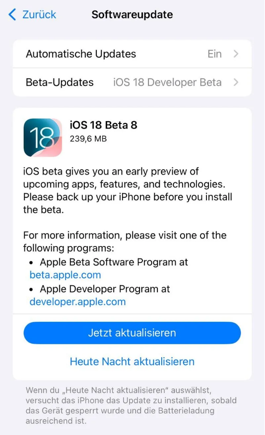 磴口苹果手机维修分享苹果 iOS / iPadOS 18 开发者预览版 Beta 8 发布 